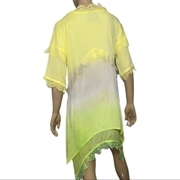 Pink Memories Women’s Size 42 L Yellow Green Tan Tie Dye Lace Trimmed Dress - Picture 6 of 8